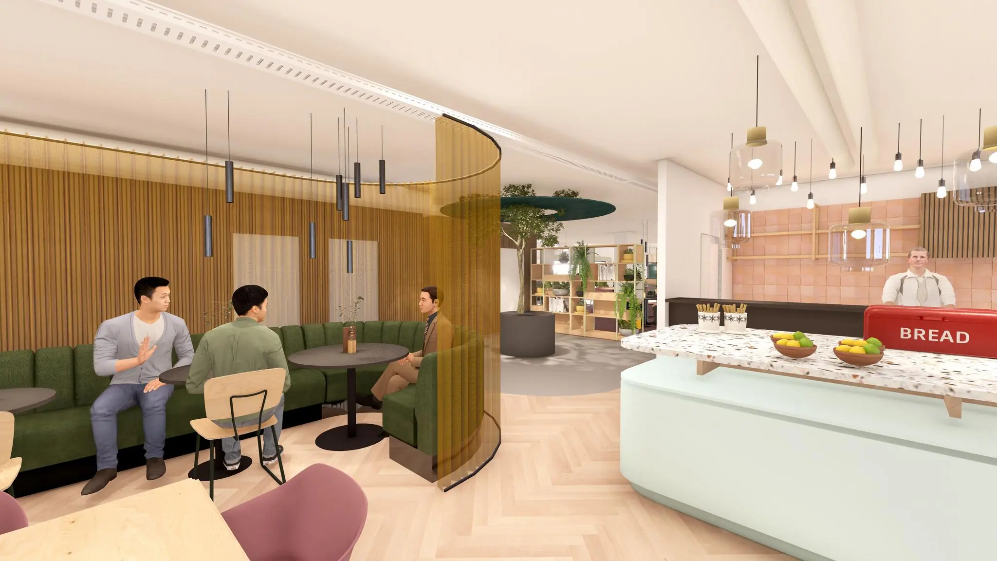 Moderne, sfeervolle kantine aan de Marten Meesweg met zithoeken, planten en een broodbar.